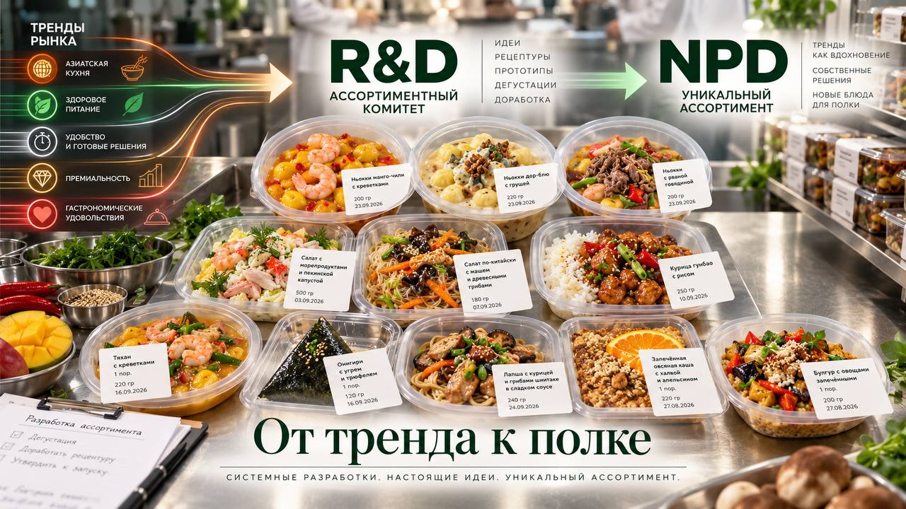 От тренда к полке — разработка ассортимента на фабрике готовой еды: ассортиментный комитет (R&D) и уникальный ассортимент (NPD)